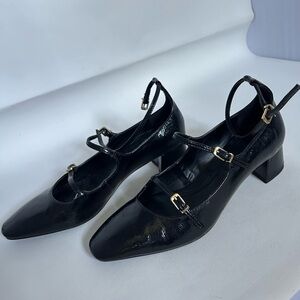 Zara Black Patent Mary Jane Block Heel Pumps - Women